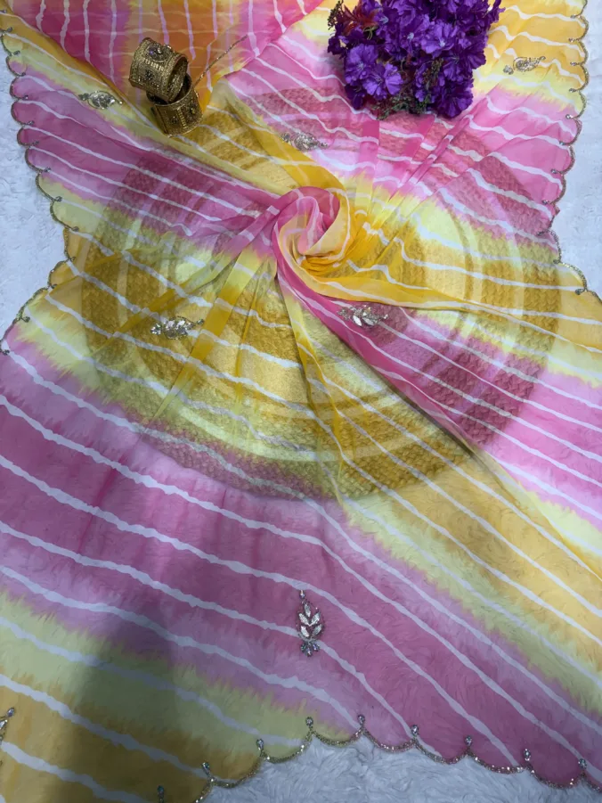 NEELAM TRADERS NEW LAUNCH TRENDING Viral lehariya saree with hand gotta patti work in royal georgette fabric