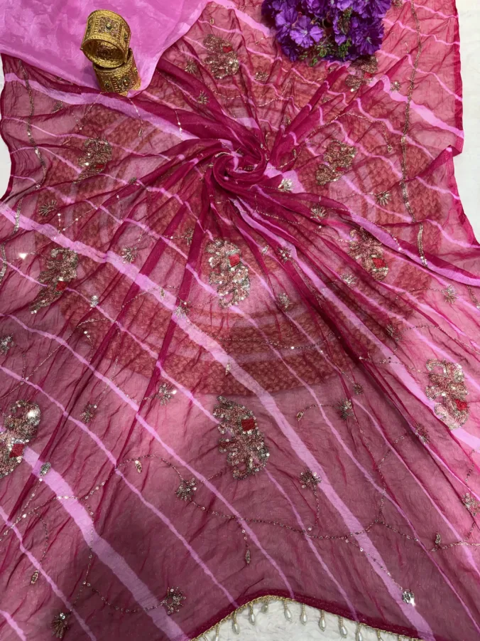 NEELAM TRADERS NEW LAUNCH TRENDING Lehariya saree with pallu moti tussal and hand aari work all over in soft Chiffron fabric