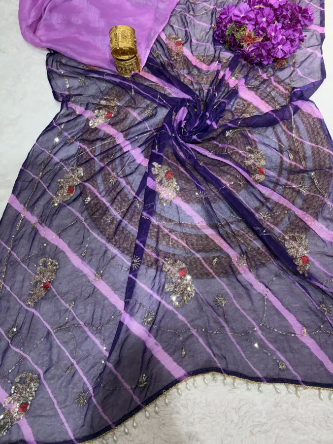 NEELAM TRADERS NEW LAUNCH TRENDING Lehariya saree with pallu moti tussal and hand aari work all over in soft Chiffron fabric