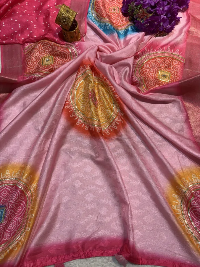 NEELAM TRADERS NEW LAUNCH TRENDING Chakra bandhej saree with heavy kacha gota work and pallu latkan in soft silk fabric