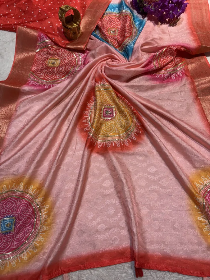 NEELAM TRADERS NEW LAUNCH TRENDING Chakra bandhej saree with heavy kacha gota work and pallu latkan in soft silk fabric