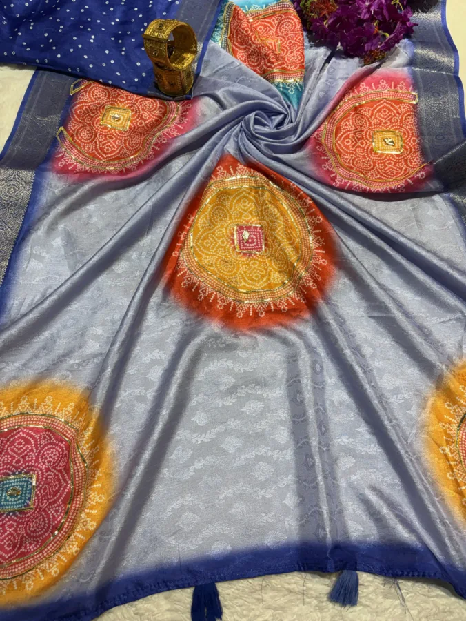 NEELAM TRADERS NEW LAUNCH TRENDING Chakra bandhej saree with heavy kacha gota work and pallu latkan in soft silk fabric