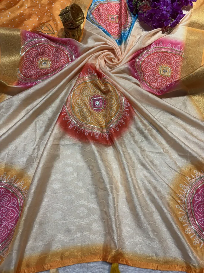 NEELAM TRADERS NEW LAUNCH TRENDING Chakra bandhej saree with heavy kacha gota work and pallu latkan in soft silk fabric