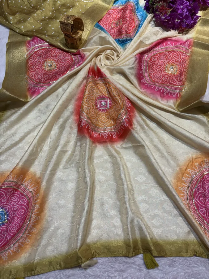 NEELAM TRADERS NEW LAUNCH TRENDING Chakra bandhej saree with heavy kacha gota work and pallu latkan in soft silk fabric