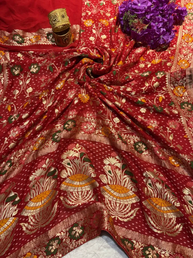 NEELAM TRADERS NEW LAUNCH TRENDING Meenakari bandhej khadi georgette saree with meena jaal and rai bandhej all over in pure fabric