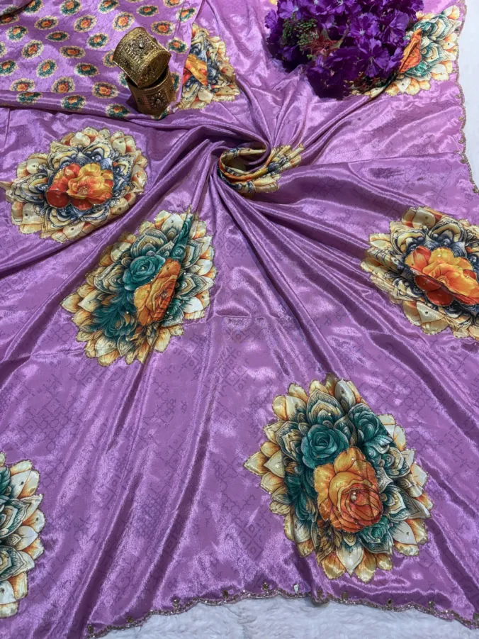 NEELAM TRADERS NEW LAUNCH TRENDING Hand paint digital print saree with applic hand work all over in soft chinon silk fabric
