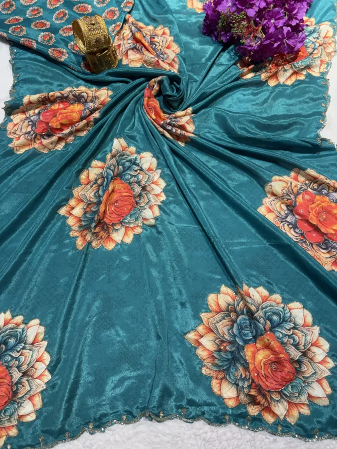 NEELAM TRADERS NEW LAUNCH TRENDING Hand paint digital print saree with applic hand work all over in soft chinon silk fabric