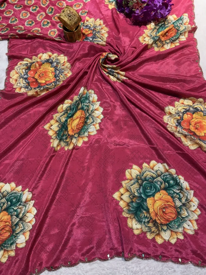NEELAM TRADERS NEW LAUNCH TRENDING Hand paint digital print saree with applic hand work all over in soft chinon silk fabric