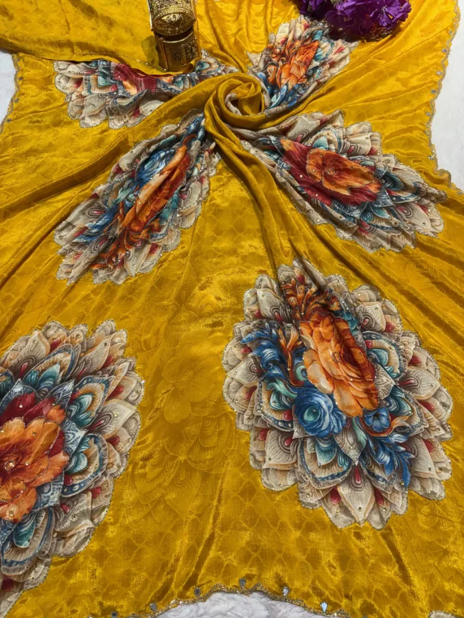 NEELAM TRADERS NEW LAUNCH TRENDING Hand paint digital print saree with applic hand work all over in soft chinon silk fabric
