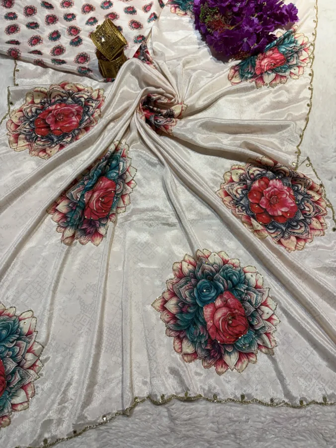 NEELAM TRADERS NEW LAUNCH TRENDING Hand paint digital print saree with applic hand work all over in soft chinon silk fabric