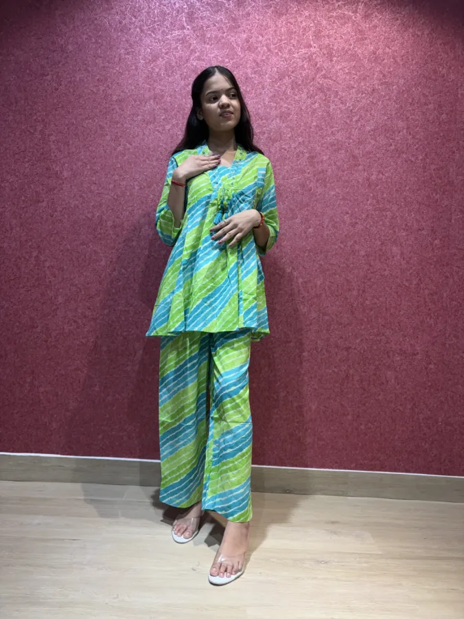 Leheriya Co-Ord Suit with Elegant Tassel Neck Work and Gracefully Designed Matching Palazzo