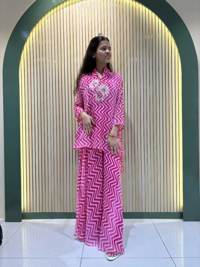 Stylish Pink Zigzag Co-Ord Suit with Elegant Handwork Neck Design and Gracefully Designed Matching Palazzo.