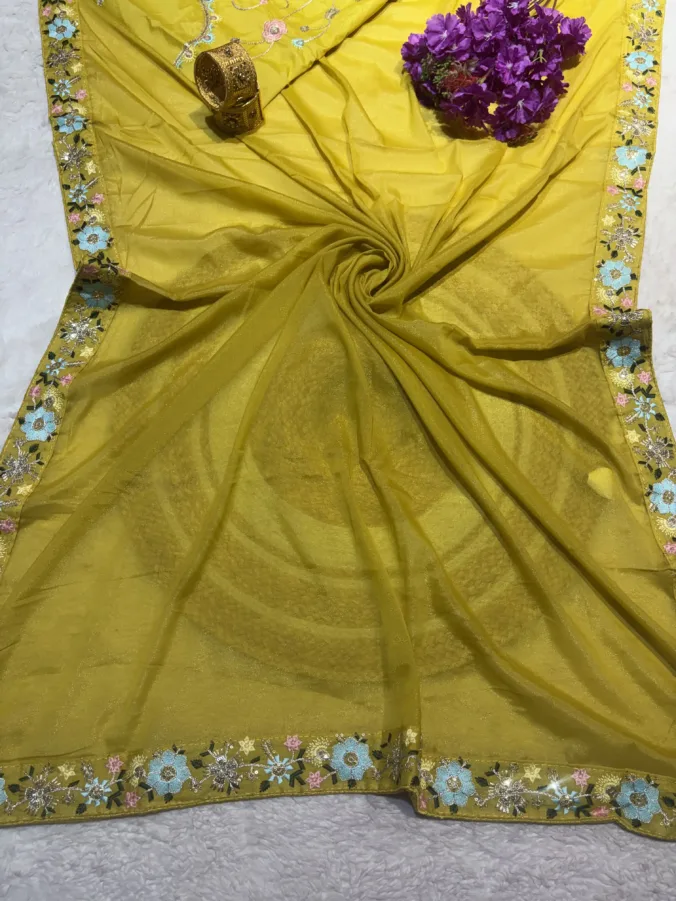 NEELAM TRADERS NEW LAUNCH TRENDING Unstich heavy blouse saree with heavy kasidha and aari worl border all over in soft georgette fabric