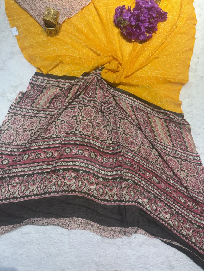 NEELAM TRADERS NEW LAUNCH TRENDING Raai Bandej special yellow color saree with ajrak palu and ajrak blouse in soft mellow fabric