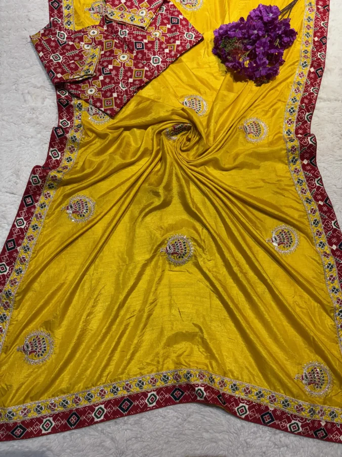 NEELAM TRADERS NEW LAUNCH TRENDING Stich patola print blouse saree with patola print border  and with kasidha butta all over in soft silk fabric