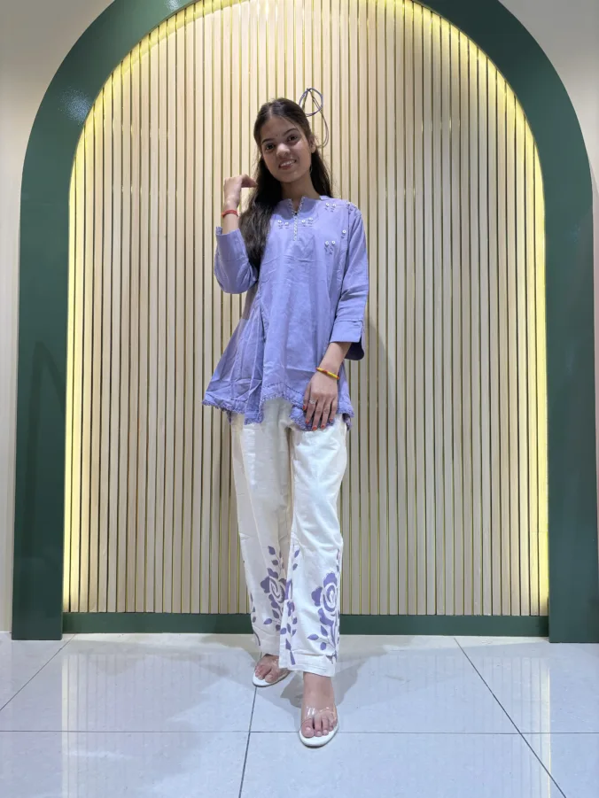 Stylish Designer Co-Ord Suit with Elegant Mirror Neck Work and Gracefully Designed Floral Print Palazzo