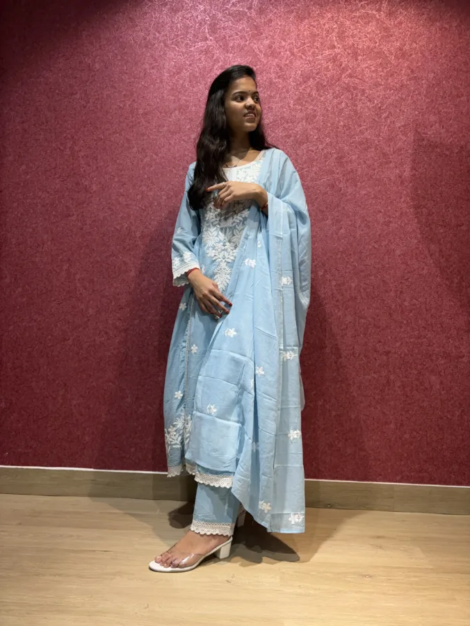 Stylish Straight Suit with Elegant Floral Embroidery Work and Gracefully Designed Matching Dupatta & Pants.