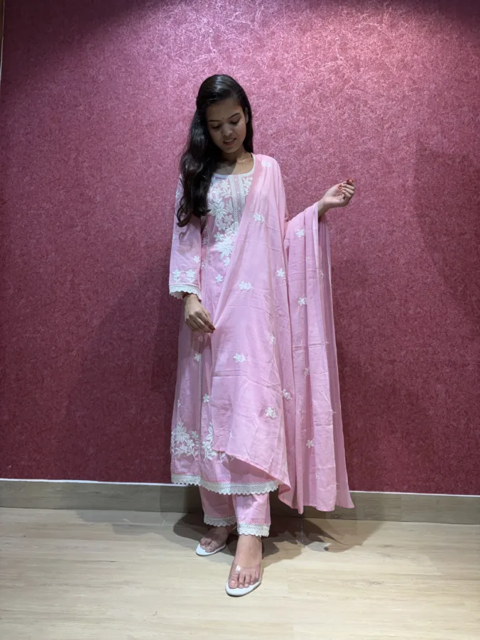 Stylish Straight Suit with Elegant Floral Embroidery Work and Gracefully Designed Matching Dupatta & Pants.