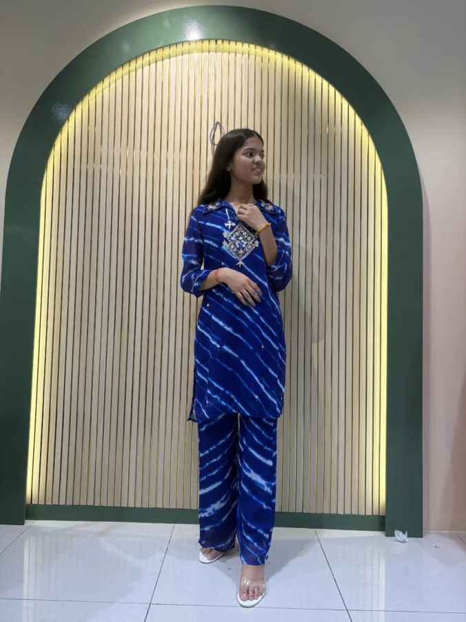 Stylish Leheriya Co-Ord Suit with Elegant Handwork Neck Design and Gracefully Designed Matching Palazzo