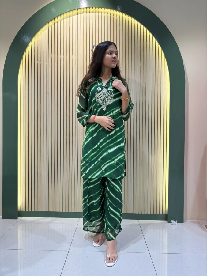 Stylish Leheriya Co-Ord Suit with Elegant Handwork Neck Design and Gracefully Designed Matching Palazzo