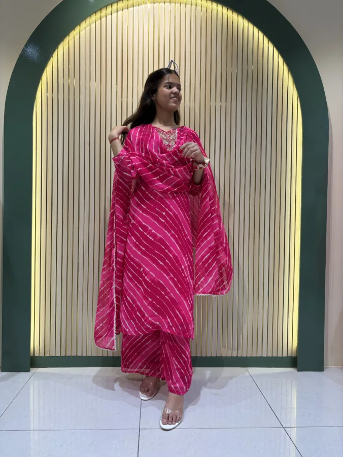 Stylish Leheriya Straight Suit with Elegant Handwork Neck Design and Gracefully Designed Matching Dupatta & Pants.