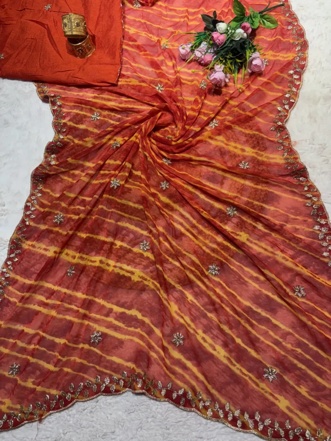 NEELAM TRADERS NEW LAUNCH TRENDING Viral laheriya saree in Single colour concept with hand kardan work all over in soft georgette fabric