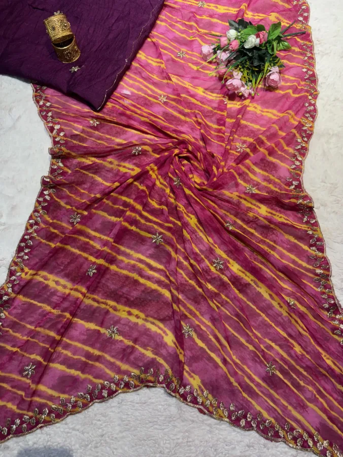 NEELAM TRADERS NEW LAUNCH TRENDING Viral laheriya saree in Single colour concept with hand kardan work all over in soft georgette fabric