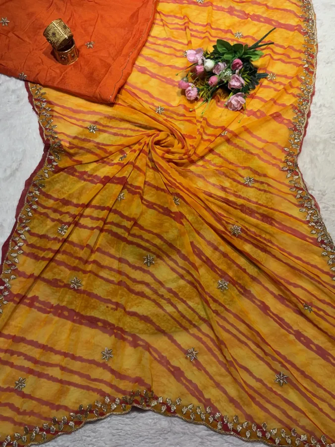 NEELAM TRADERS NEW LAUNCH TRENDING Viral laheriya saree in Single colour concept with hand kardan work all over in soft georgette fabric