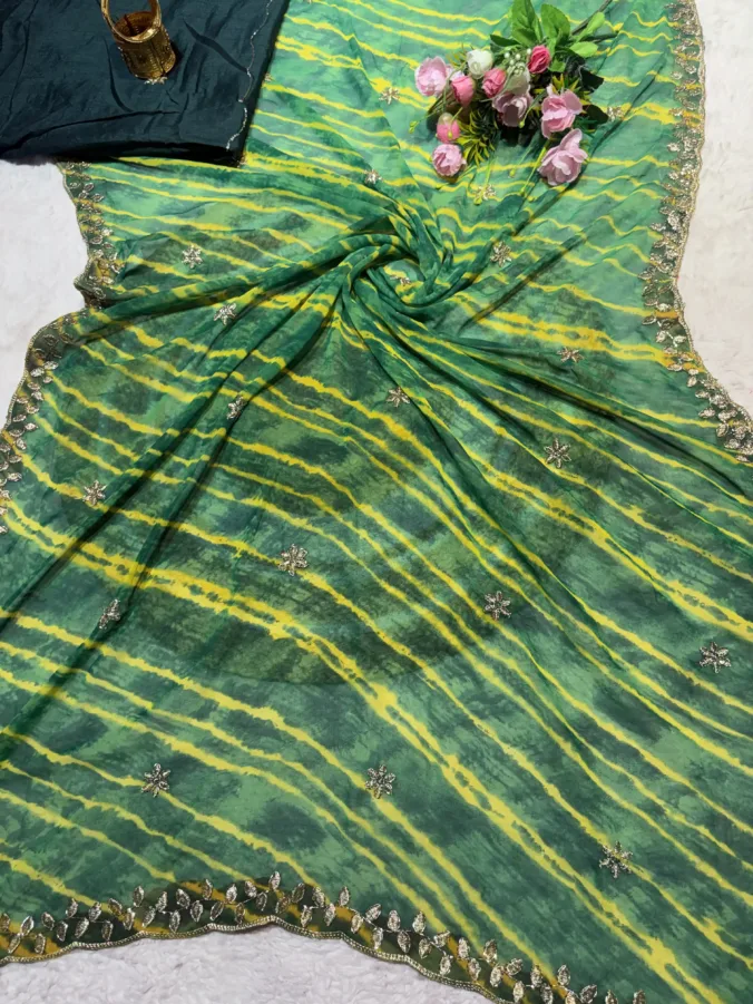 NEELAM TRADERS NEW LAUNCH TRENDING Viral laheriya saree in Single colour concept with hand kardan work all over in soft georgette fabric
