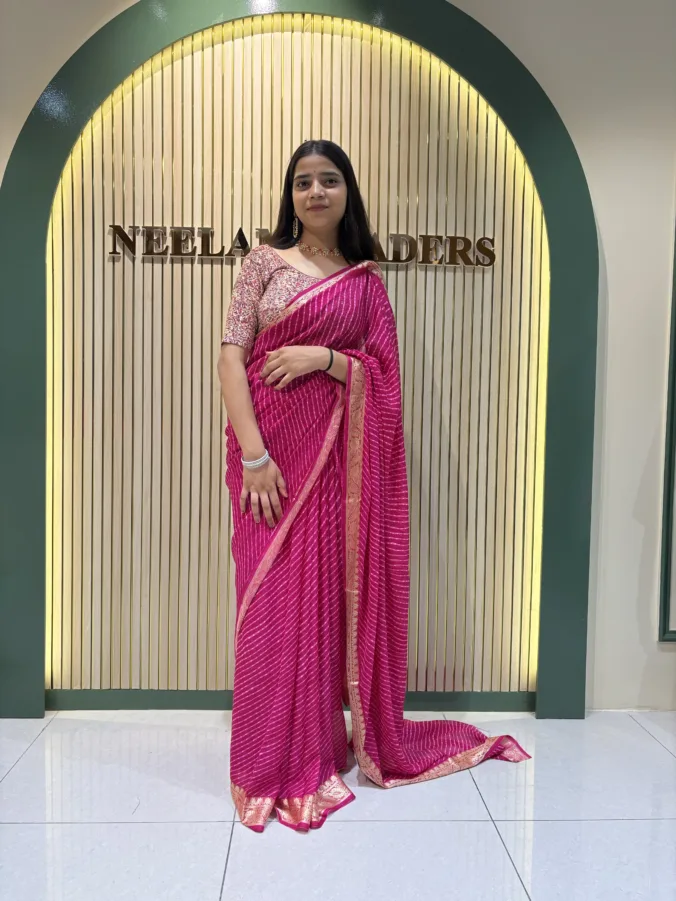 NEELAM TRADERS NEW LAUNCH TRENDING Viral mothda laheriya saree with wiscos zari border all over in soft georgette fabric