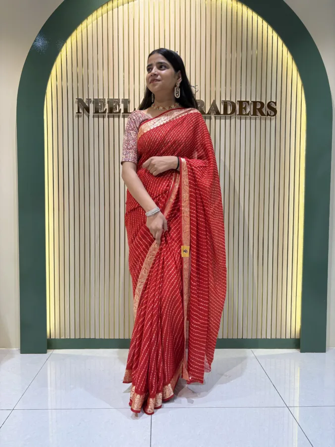 NEELAM TRADERS NEW LAUNCH TRENDING Viral mothda laheriya saree with wiscos zari border all over in soft georgette fabric