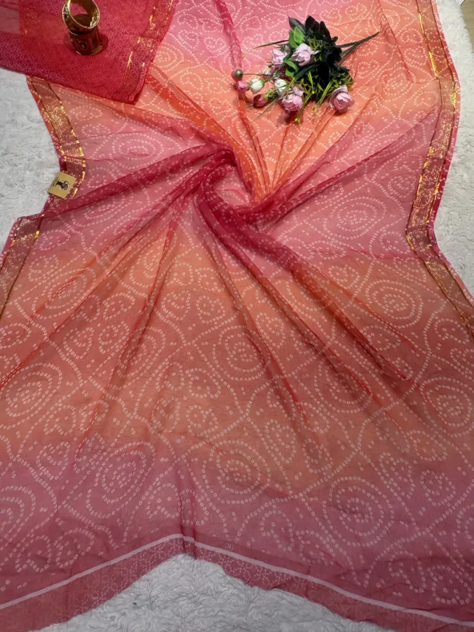 NEELAM TRADERS NEW LAUNCH TRENDING Bandbej saree with blouse in Chiffon fabric for regular wear with zari Viewing Border all over