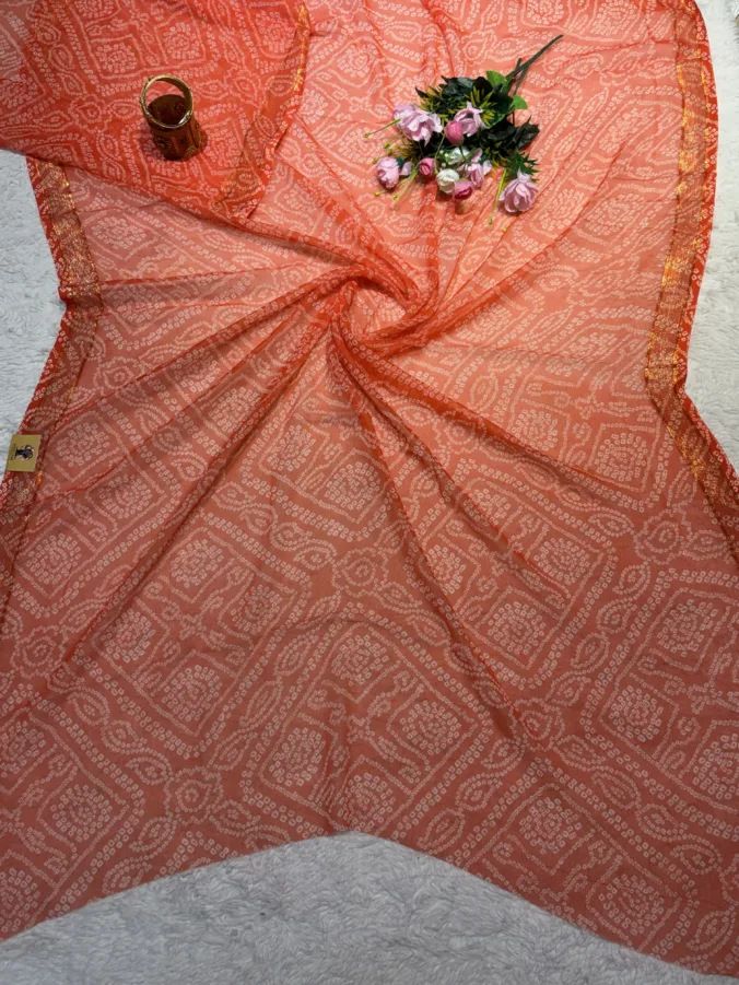 NEELAM TRADERS NEW LAUNCH TRENDING Bandbej saree with blouse in Chiffon fabric for regular wear with zari Viewing Border all over