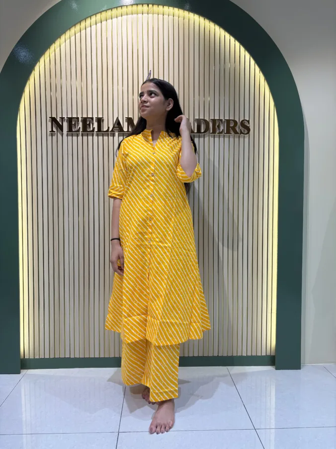 Stylish Leheriya Straight Suit with Classic Button Detailing and Gracefully Designed Matching Palazzo