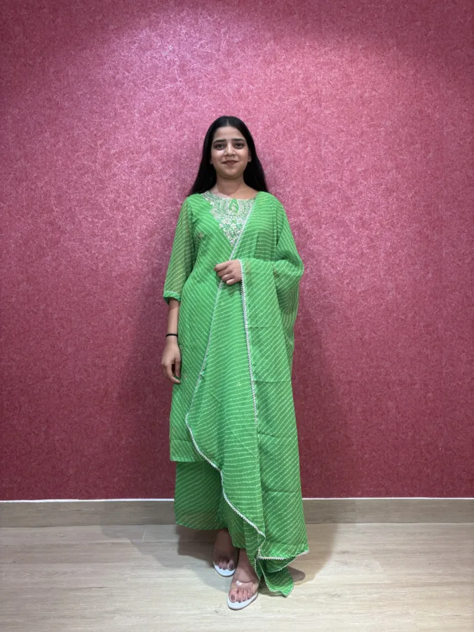 Stylish Leheriya Straight Suit with Elegant Embroidered Neck Design and Gracefully Designed Matching Dupatta & Palazzo.