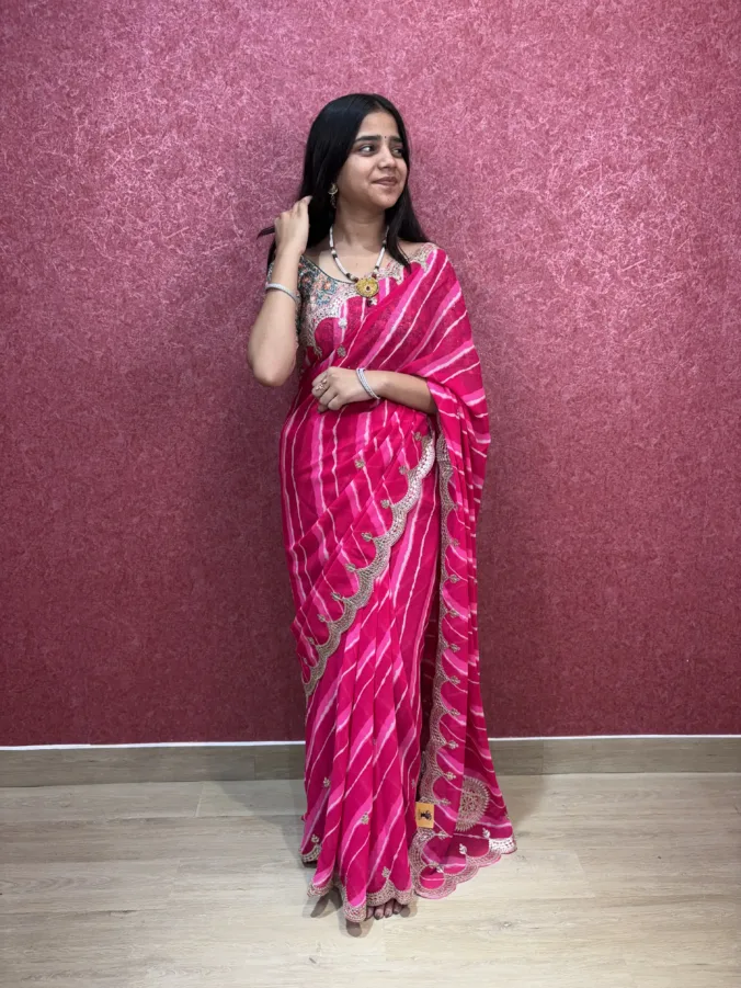 NEELAM TRADERS NEW LAUNCH TRENDING Sawan special Rani (pink) color lehariya saree in soft georgette fabric with hand gotta border all over
