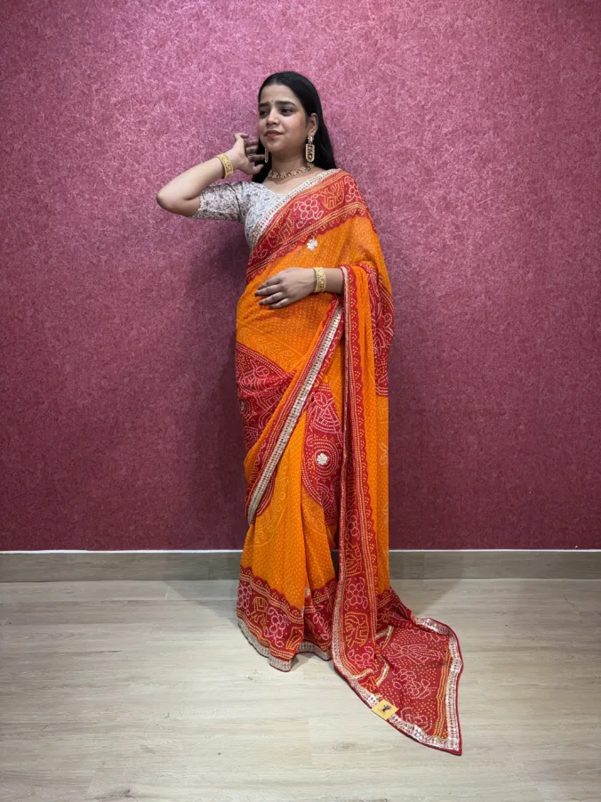NEELAM TRADERS NEW LAUNCH TRENDING Special Bandhej piliya and pomcha saree with gota work all over in soft georgette fabric