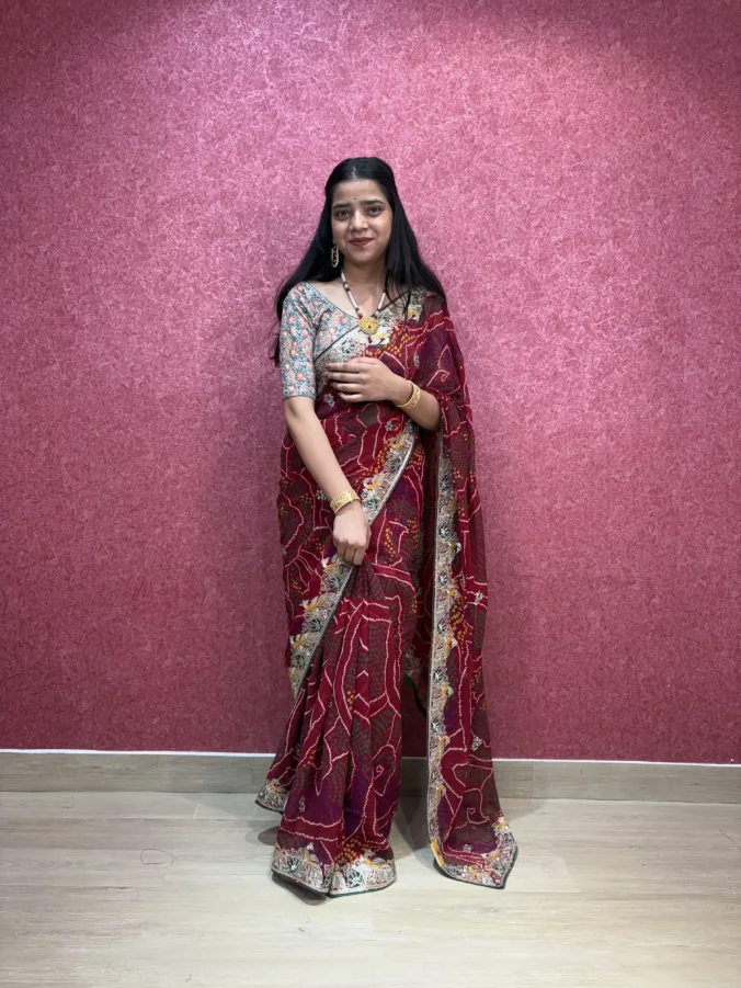 NEELAM TRADERS NEW LAUNCH TRENDING Shekhawati bandhej chunri saree with kasida work all over in soft georgette fabric