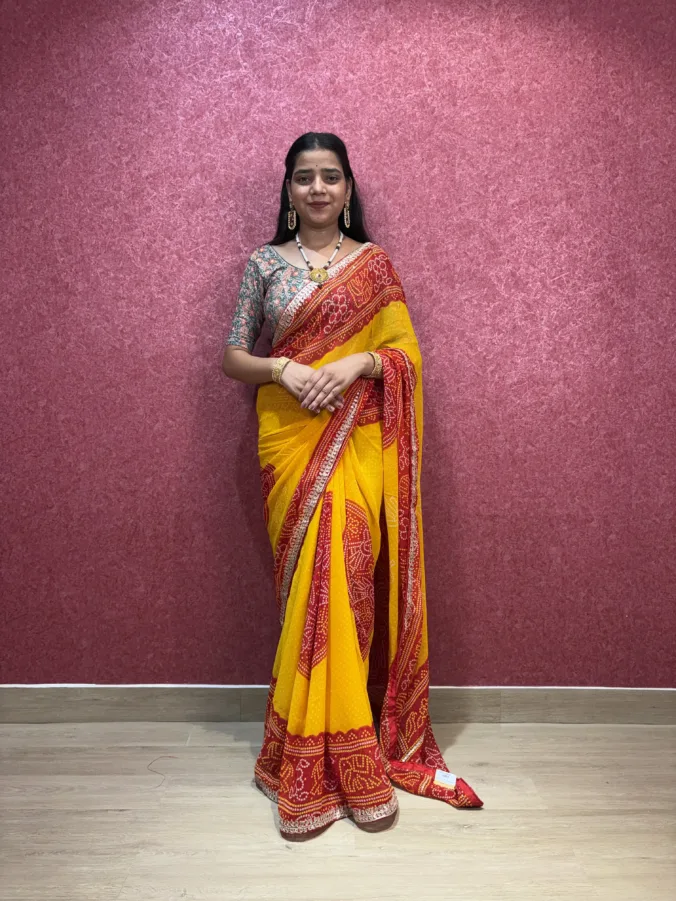 NEELAM TRADERS NEW LAUNCH TRENDING Special Bandhej piliya and pomcha saree with gota work all over in soft georgette fabric