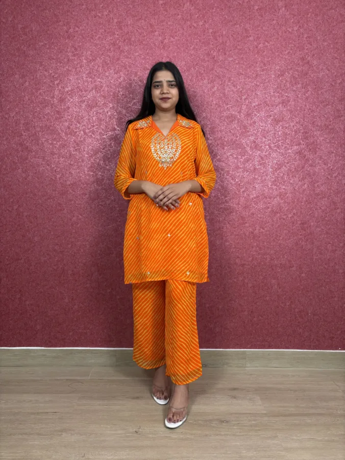 Stylish Leheriya Co-Ord Suit with Elegant Handwork Neck Design and Gracefully Designed Matching Palazzo.