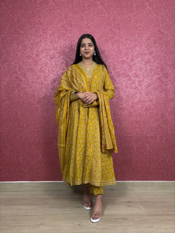 Stylish Printed Anarkali Suit with Elegant V-Neck Design and Gracefully Designed Matching Dupatta & Pants.