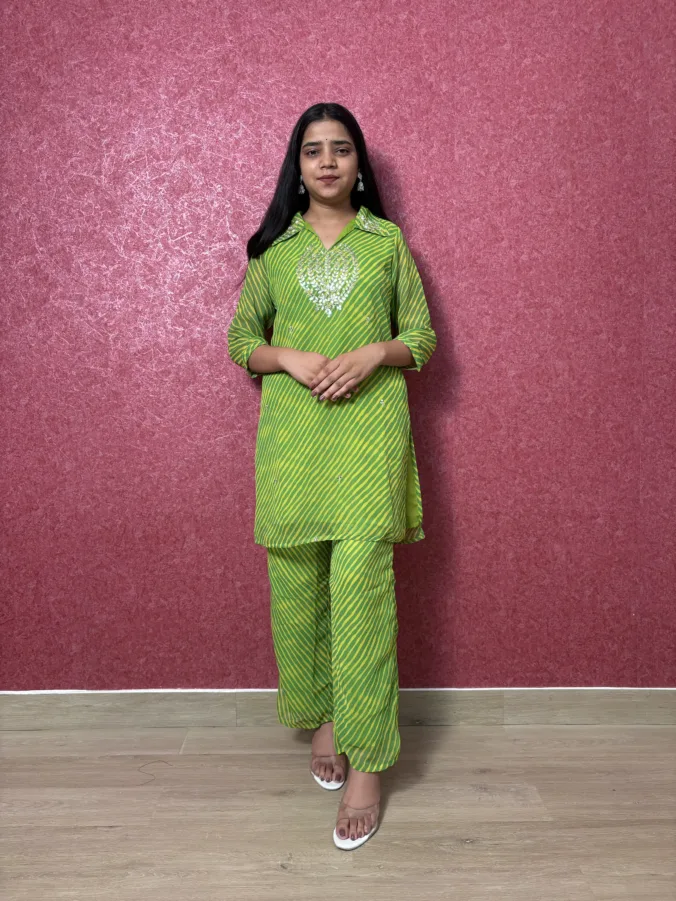Stylish Leheriya Co-Ord Suit with Elegant Handwork Neck Design and Gracefully Designed Matching Palazzo