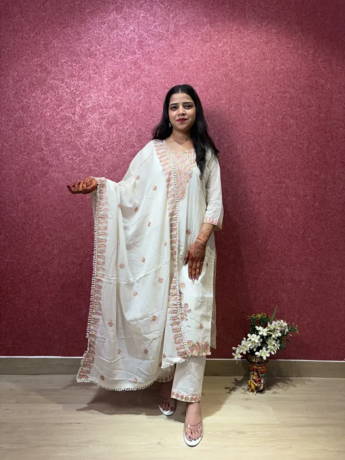 Stylish Straight Suit with Elegant Floral Embroidered Neck Design and Gracefully Designed Matching Dupatta & Pants.