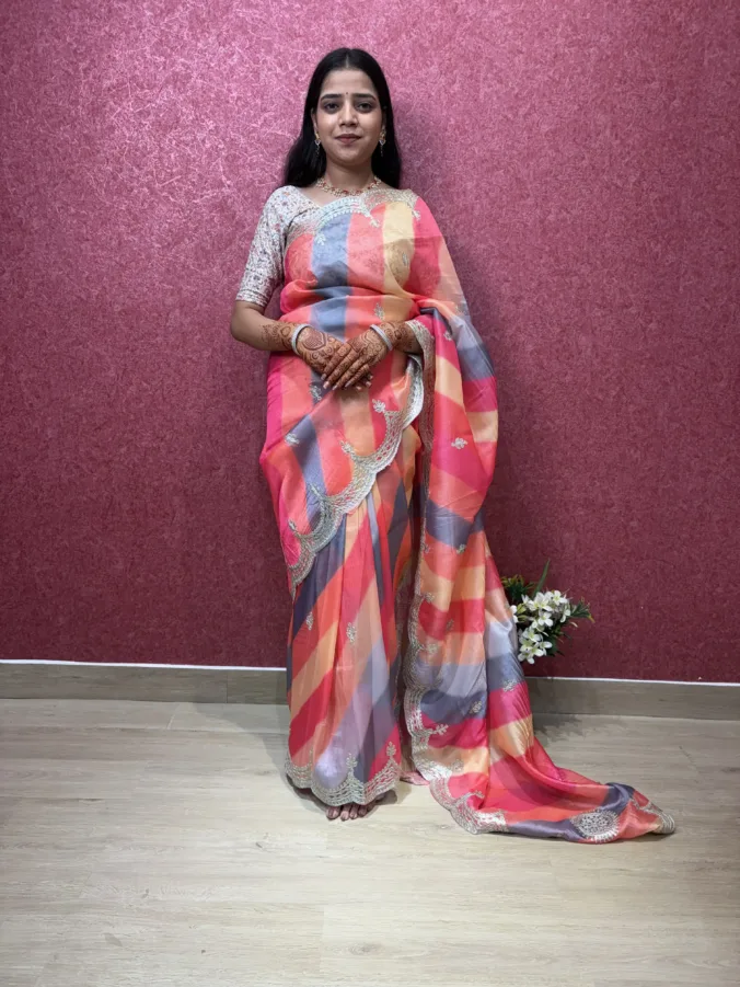 NEELAM TRADERS NEW LAUNCH TRENDING Multicolour Laheriya saree with thread work all over and new latest cut border concept in soft silk fabric