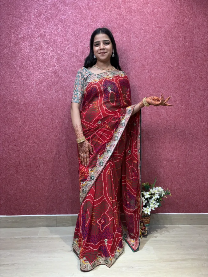 NEELAM TRADERS NEW LAUNCH TRENDING Shekhawati bandhej chunri saree with kasida work all over in soft georgette fabric