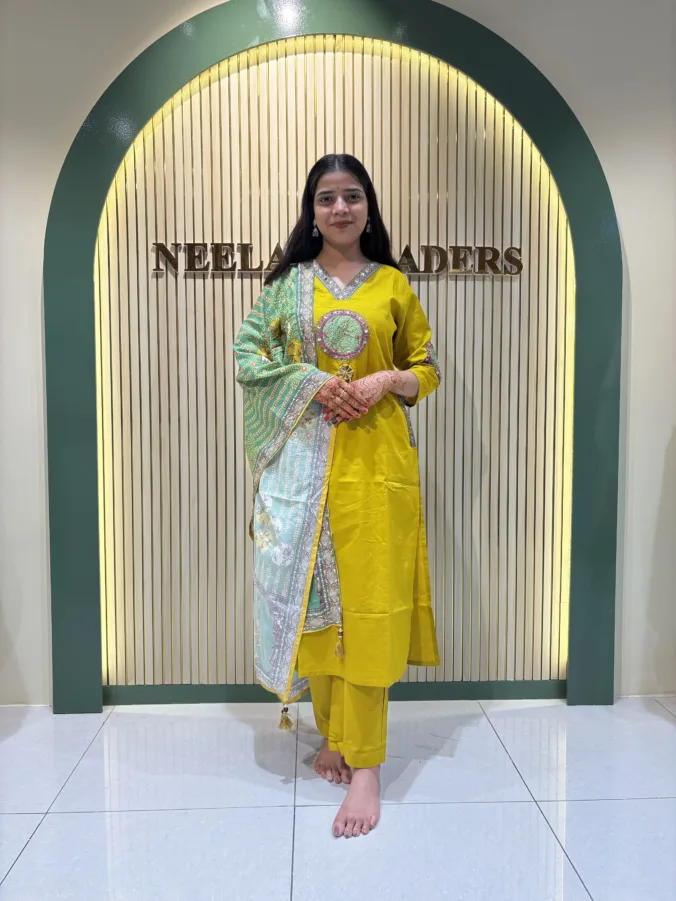 Elegant Mirror Embroidered Cotton Straight Suit with Matching Dupatta & Pants