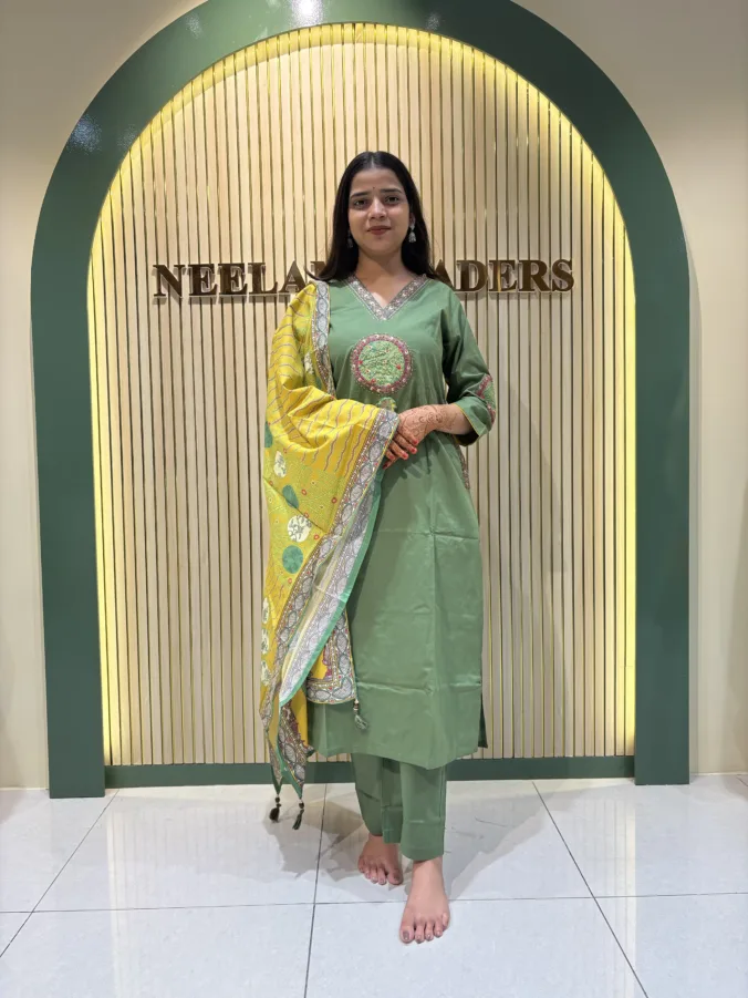 Elegant Mirror Embroidered Cotton Straight Suit with Matching Dupatta & Pants
