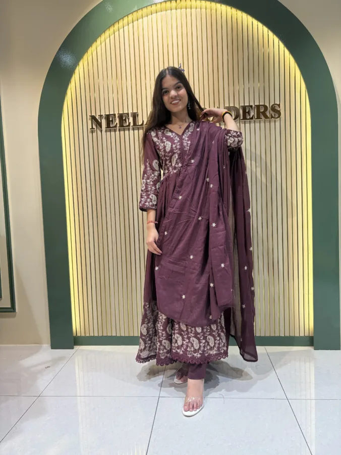 Elegant Floral Embroidered Cotton Anarkali Suit with Matching Dupatta & Pants