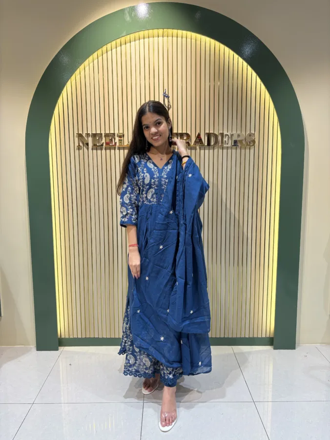 Elegant Floral Embroidered Cotton Anarkali Suit with Matching Dupatta & Pants