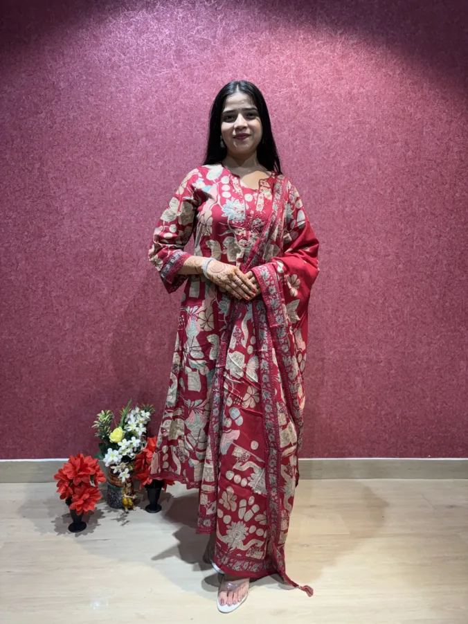 Elegant Floral Printed Cotton Straight Suit with Matching Dupatta & Pants